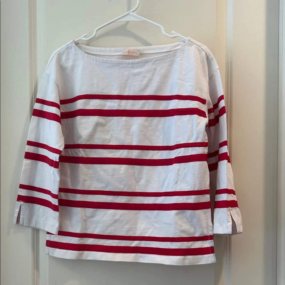 Tory Burch White & Red ribbon Striped “Kendall” boat neck 3/4 sleeves top size M